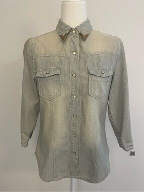 Striped Button-Down Western Shirt with Metal Collar Tips